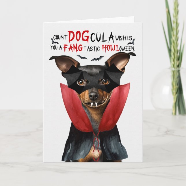 Miniature Pinscher Funny Count DOGcula Halloween Holiday Card (Front)