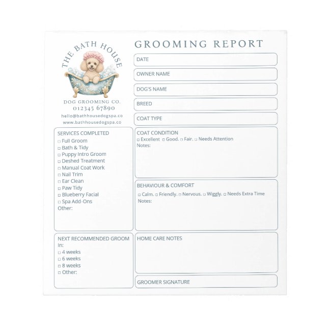 Miniature Poodle Grooming Report Card Notepad (Front)