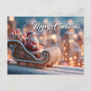 Miniature Santa in Gingerbread Sleigh Holiday Postcard