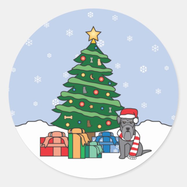 Miniature Schnauzer and Christmas Tree Classic Round Sticker (Front)