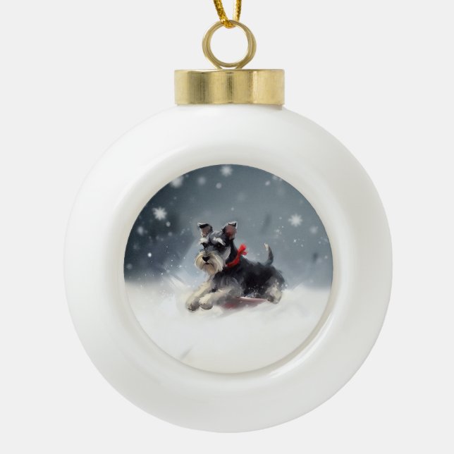 Miniature Schnauzer Christmas snow winter Ceramic Ball Christmas Ornament (Front)