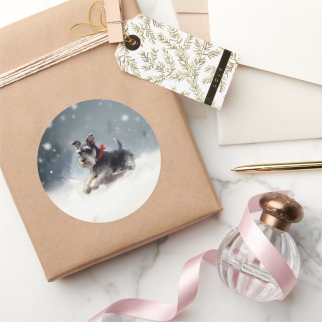 Miniature Schnauzer Christmas snow winter Classic Round Sticker (Gifting)