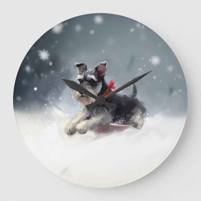 Miniature Schnauzer Christmas snow winter Large Clock (Front)