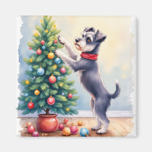 Miniature Schnauzer Decorating Christmas Tree Dog Magnet