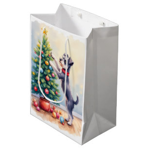 Miniature Schnauzer Decorating Christmas Tree Dog Medium Gift Bag