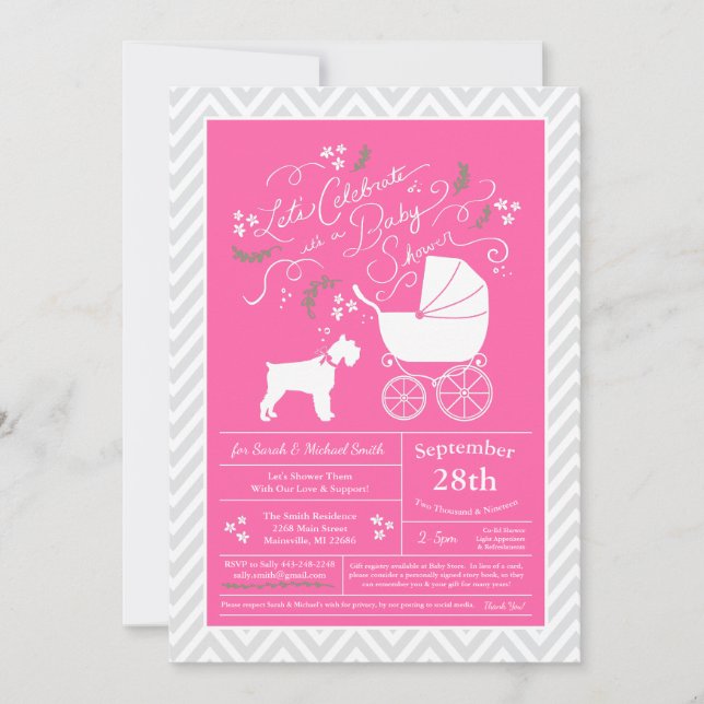 Miniature Schnauzer Dog Baby Shower Pink Girl Invitation (Front)