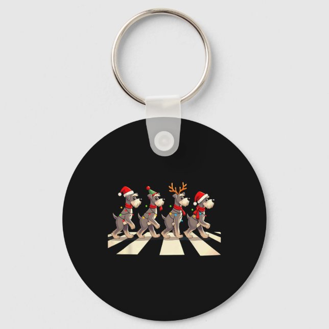 Miniature Schnauzer Dog Crossing Road Xmas  Key Ring (Front)