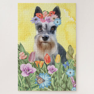 Miniature Schnauzer Dog Flowers Jigsaw Puzzle