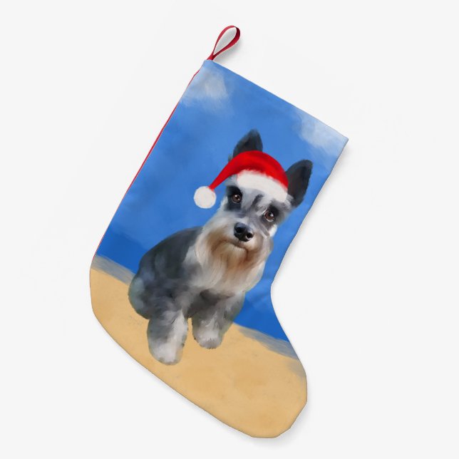 Miniature Schnauzer Dog On Beach Christmas Hat Small Christmas Stocking (Front (Hanging))
