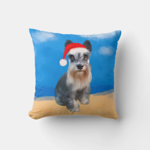 Miniature Schnauzer Dog On Beach Christmas Holiday Cushion