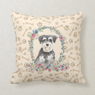 Miniature Schnauzer Dog Paw Print & Floral Cute Cushion