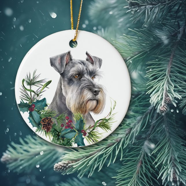 Miniature Schnauzer Dog Portrait Holly Wreath Ceramic Ornament (Creator Uploaded)