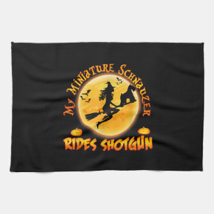 Miniature Schnauzer Dog Rides Shotgun Witch Funny Tea Towel