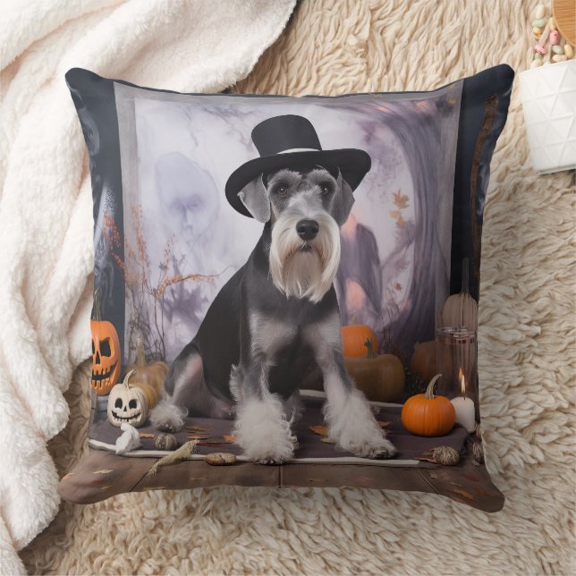 Miniature Schnauzer Pumpkins Halloween Scary  Cushion (Blanket)