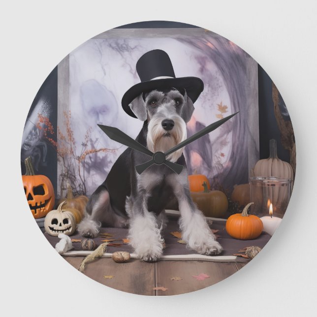 Miniature Schnauzer Pumpkins Halloween Scary  Large Clock (Front)