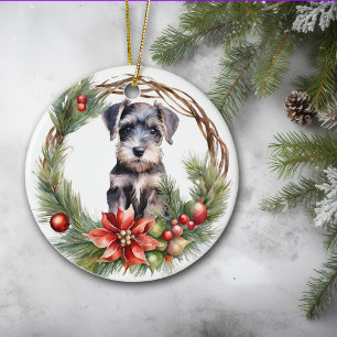 Miniature Schnauzer Puppy Poinsettia Wreath Ceramic Ornament