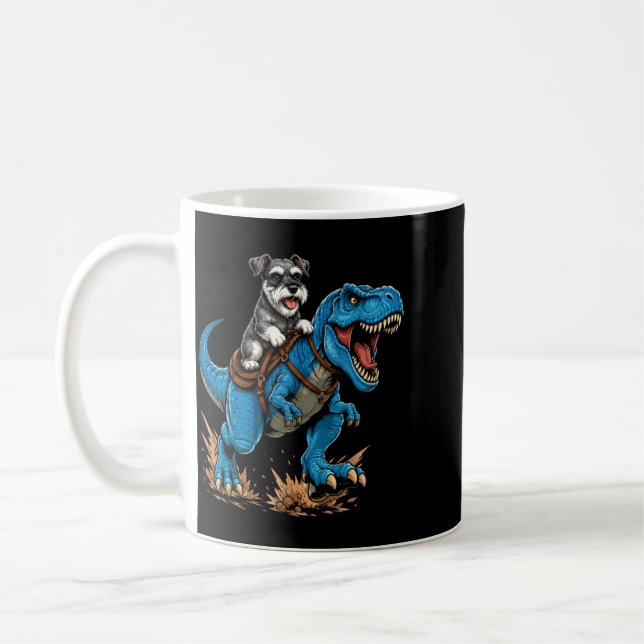 Miniature Schnauzer Riding T Rex Dinosaur Funny Coffee Mug (Left)