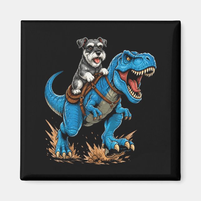Miniature Schnauzer Riding T Rex Dinosaur Funny Magnet (Front)