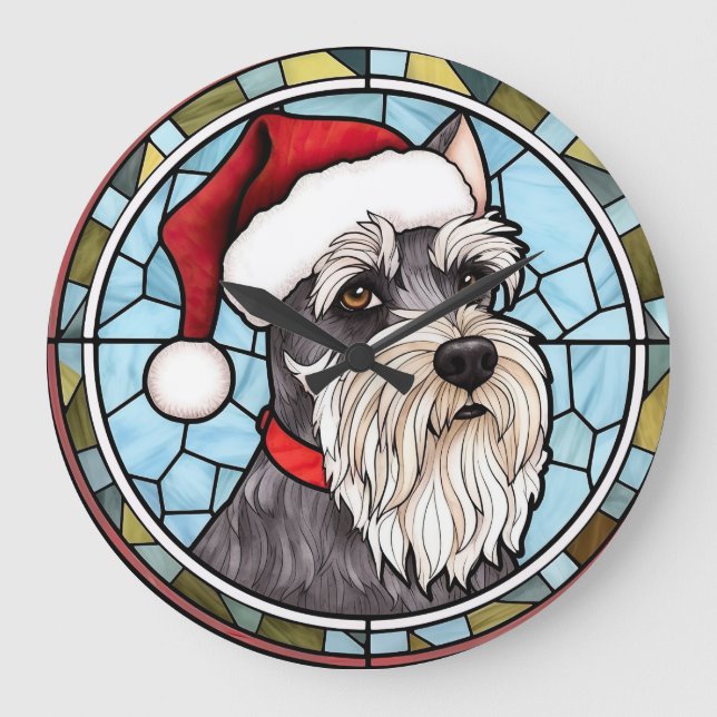 Miniature Schnauzer Stained Glass Christmas Large Clock (Front)