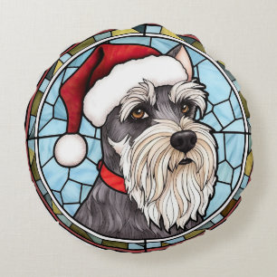 Miniature Schnauzer Stained Glass Christmas Round Cushion