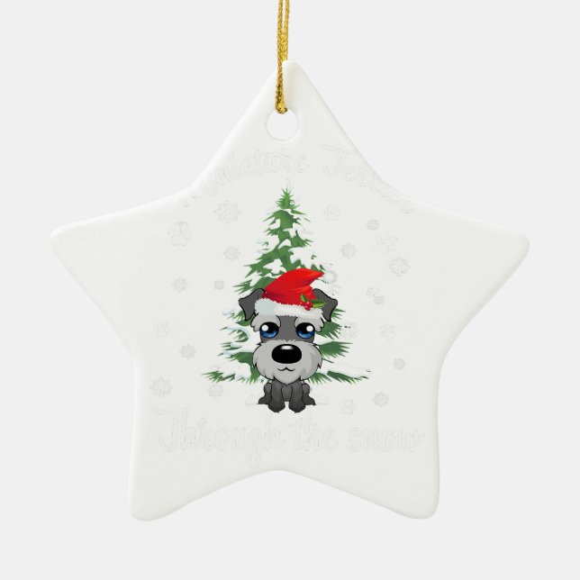Miniature Schnauzer Through Snow | Christmas Dog Ceramic Ornament (Front)