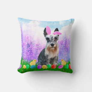 Miniature Schnauzer with Easter Eggs Bunny Chicks Cushion