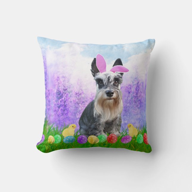 Miniature Schnauzer with Easter Eggs Bunny Chicks Cushion (Front)