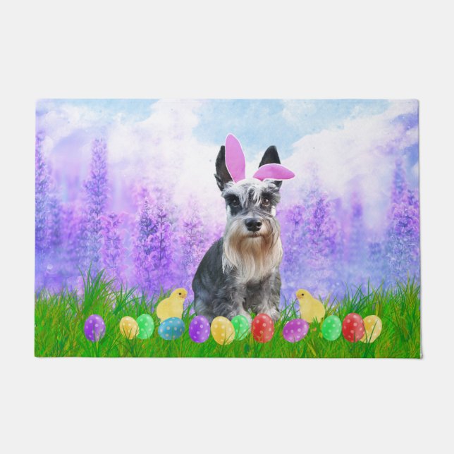 Miniature Schnauzer with Easter Eggs Bunny Chicks Doormat (Front)
