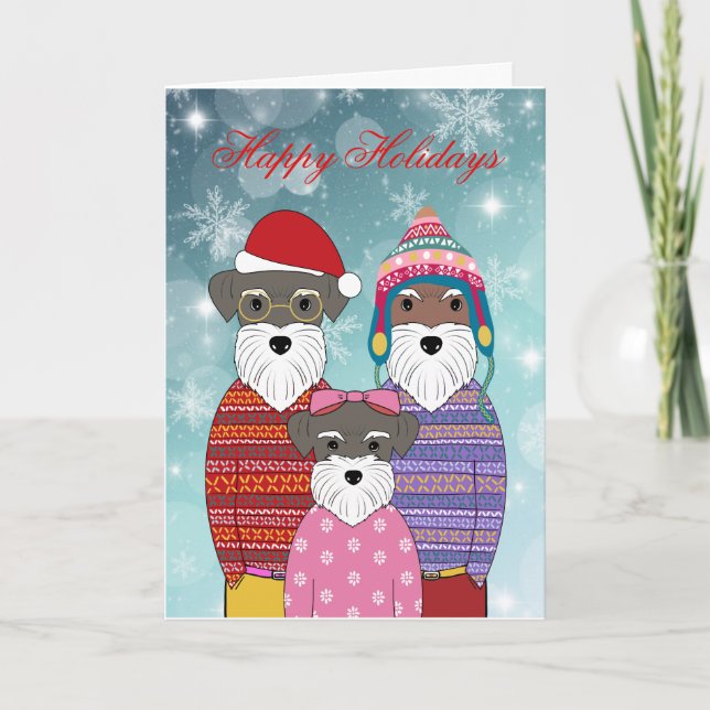 Miniature Schnauzers Christmas Family Portrait Holiday Card (Front)