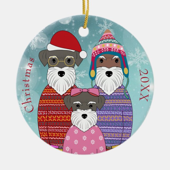 Miniature Schnauzers Christmas Family Portrait Pos Ceramic Ornament (Front)