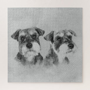 Miniature Schnauzers Grayscale Digital art Jigsaw Puzzle