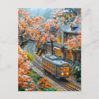 Miniature spring train under cherry trees holiday postcard
