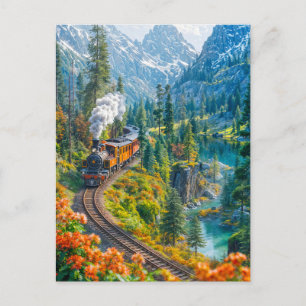 Miniature steam train in alpine forest holiday postcard