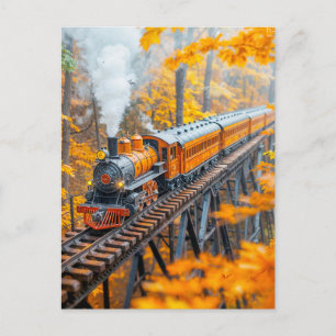 Miniature steam train on forest trestle bridge holiday postcard