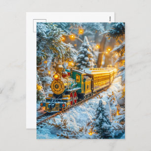 Miniature steam train on snowy mountain track holiday postcard