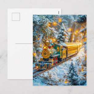 Miniature steam train on snowy mountain track holiday postcard