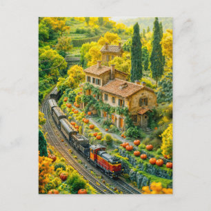 Miniature train through Tuscan pumpkin fields Holiday Postcard