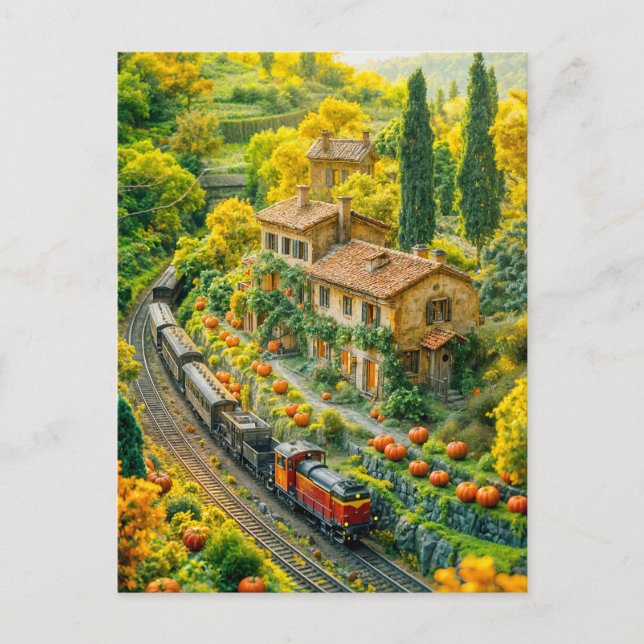 Miniature train through Tuscan pumpkin fields Holiday Postcard (Front)