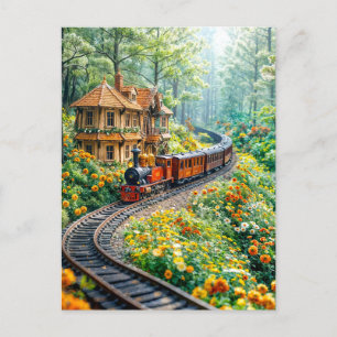 Miniature train winding through spring hills holiday postcard