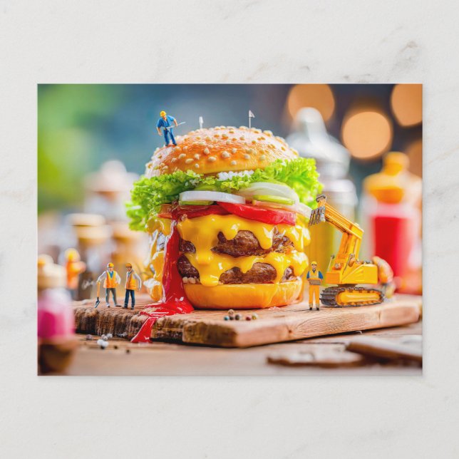 miniature workers building cheeseburger with excav holiday postcard (Front)