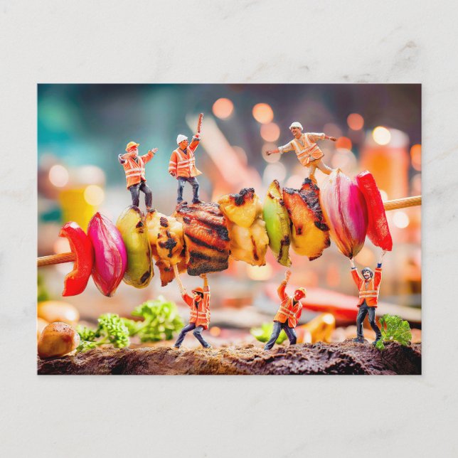 miniature workers carrying shashlik skewer holiday postcard (Front)