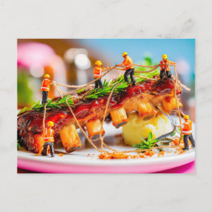 miniature workers cooking BBQ pork ribs Holiday Postcard