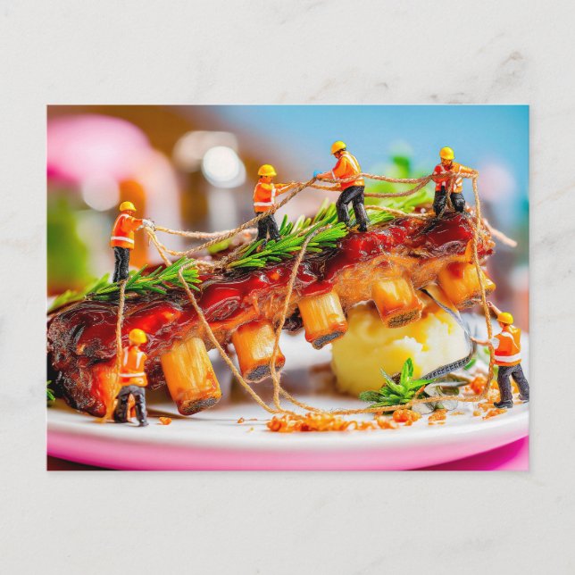 miniature workers cooking BBQ pork ribs Holiday Postcard (Front)