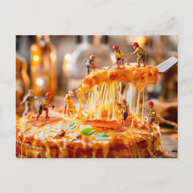 miniature workers cutting melting cheese pizza holiday postcard (Front)