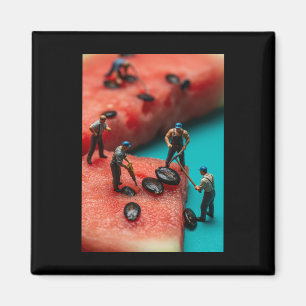 Miniature Workers On Watermelon Sticker  Magnet