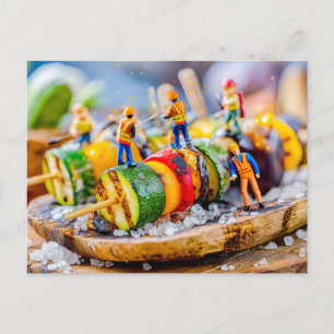 miniature workers preparing vegetable skewers holiday postcard