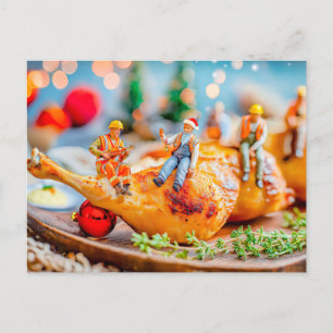 miniature workers with Christmas chicken drumstick Holiday Postcard