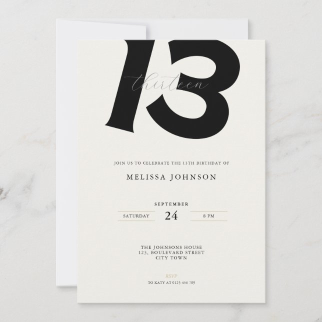 Minimal 13th Birthday Invitation: Bold Typography Invitation (Front)