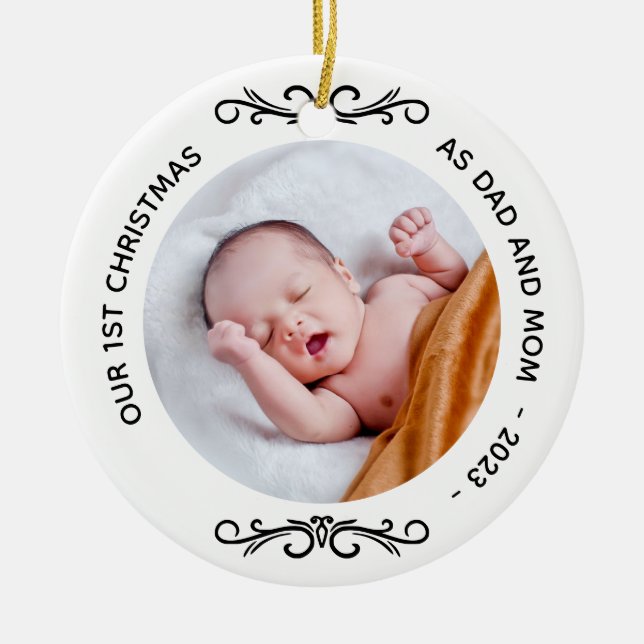 Minimal 1st Christmas as Dad Mum Photo Ceramic Ornament (Front)