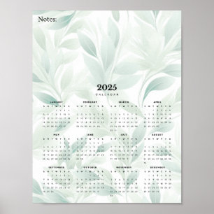 Minimal 2025 Wall Calendar Pale Green Leaf Poster 